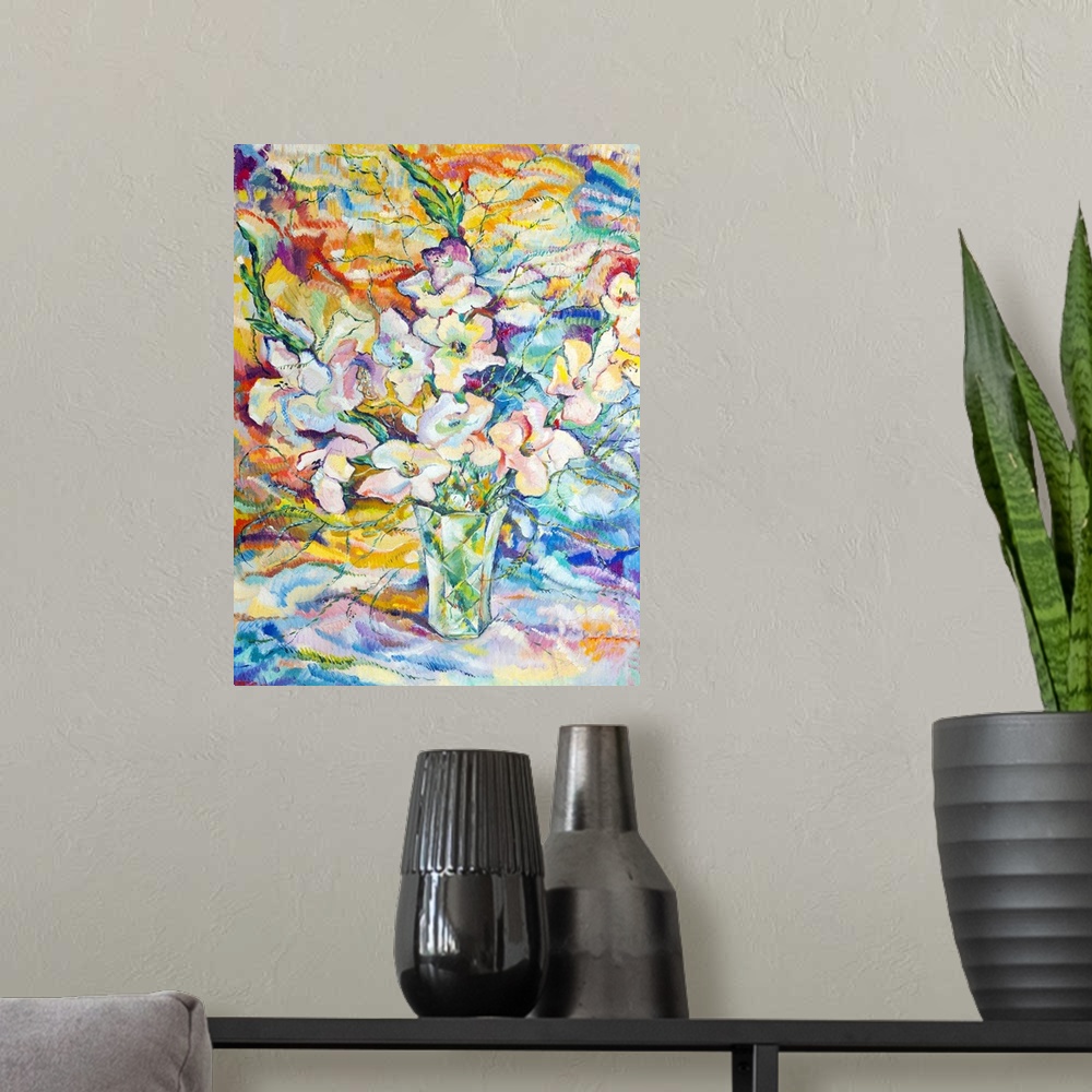 A modern room featuring Bouquet of flowers painted originally oil on canvas.