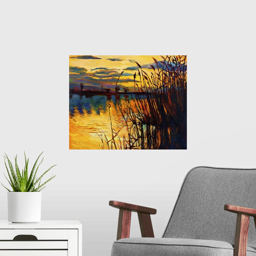 A modern room featuring Originally an oil painting showing a beautiful lake against a sunset landscape. Fern (rush), sky ...