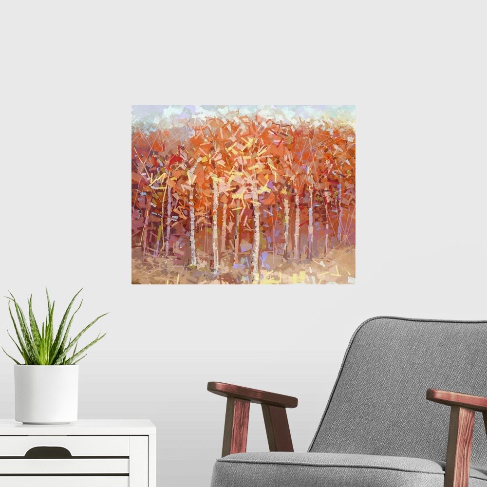 A modern room featuring Originally an oil painting landscape colorful autumn forest.