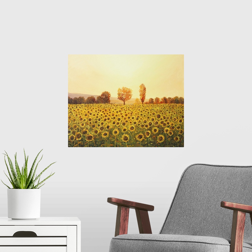 A modern room featuring Sunflower field at sunset.