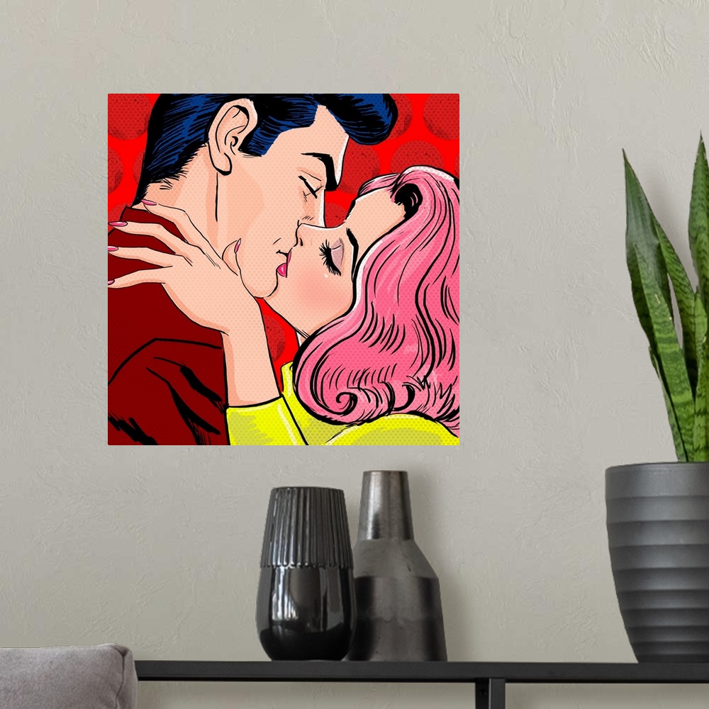 A modern room featuring Pop art illustration of kissing couple.