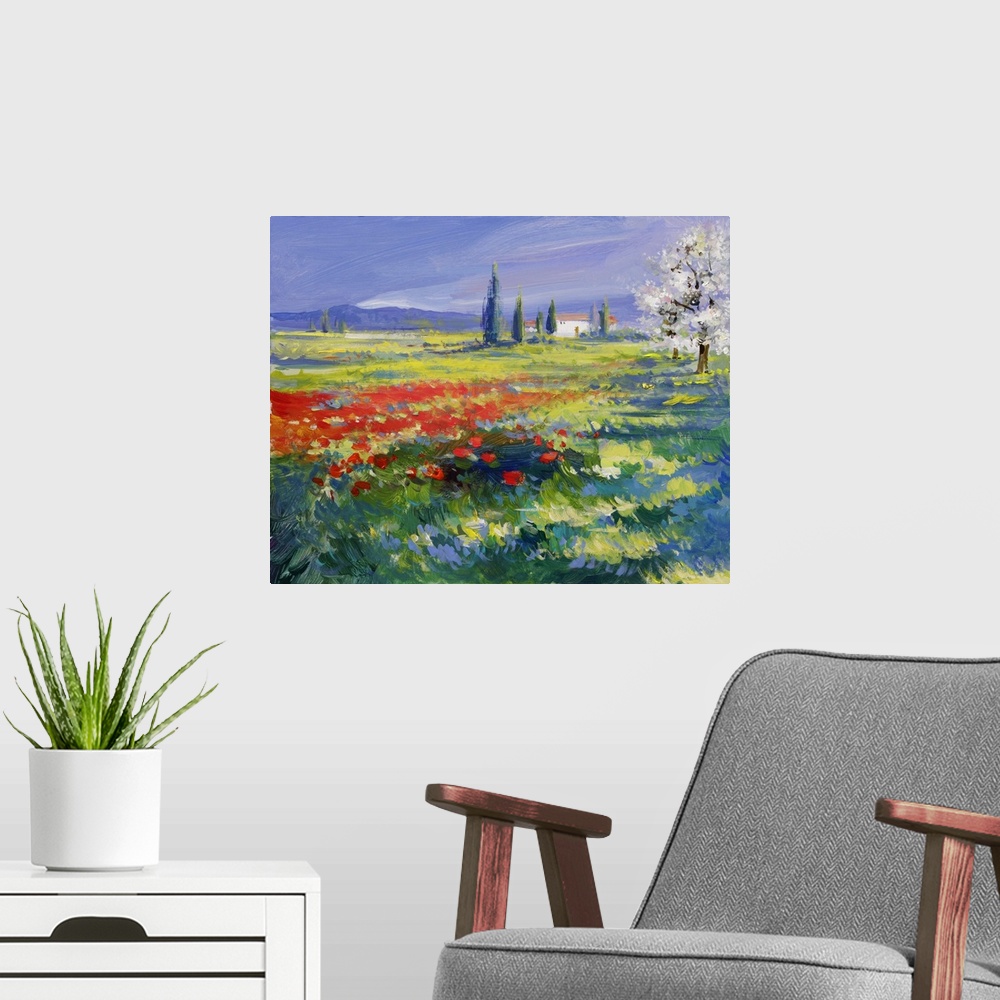 A modern room featuring Red poppies on a summer meadow - originally oil paints on acrylics.
