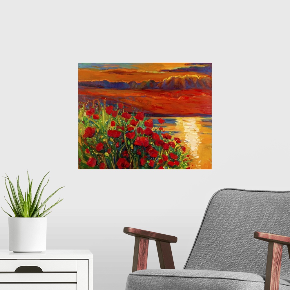 A modern room featuring Originally an oil painting on canvas of an Opium poppy (Papaver somniferum) field in front of a b...