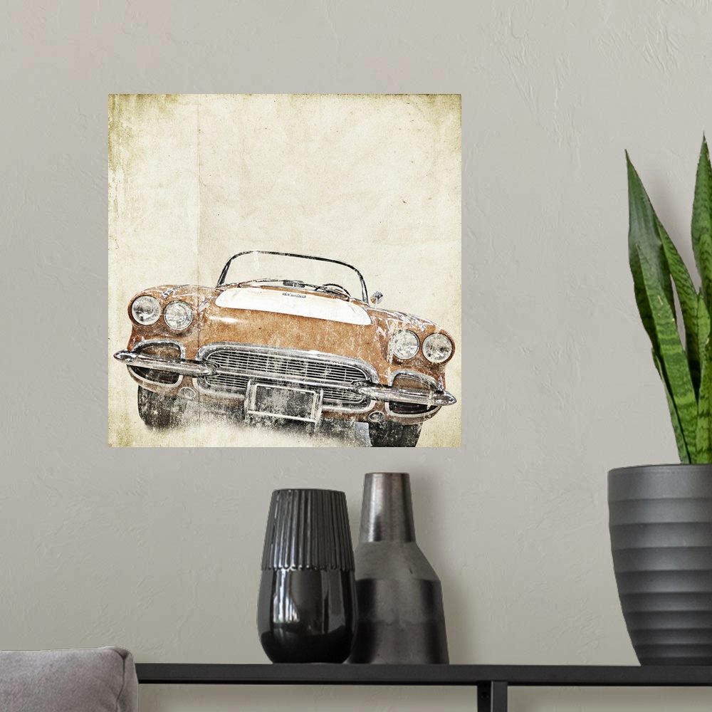 A modern room featuring Retro background with old car.