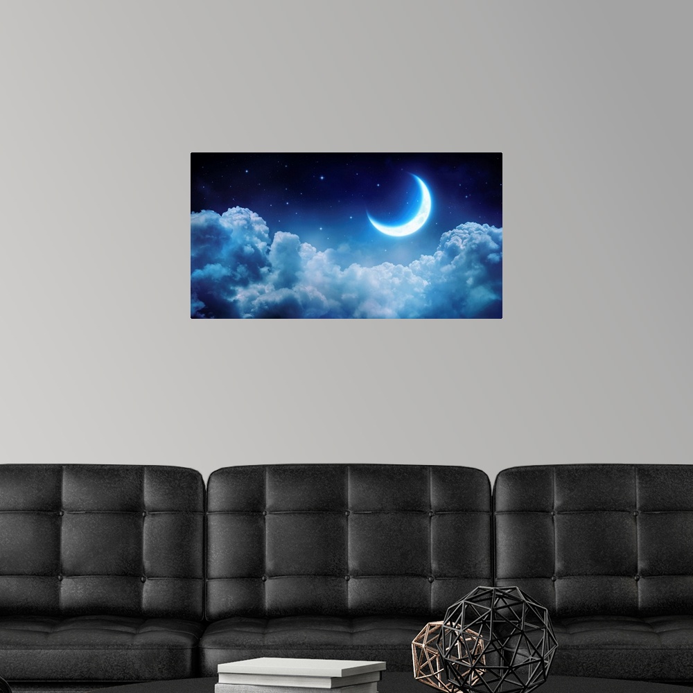 A modern room featuring Romantic moon in starry night over clouds.