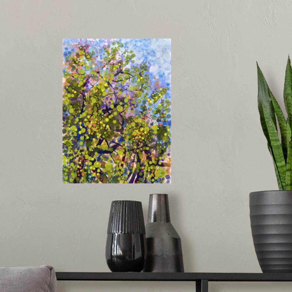 A modern room featuring Originally an abstract watercolor painting. Spring nature season with yellow flowers tree, on gru...