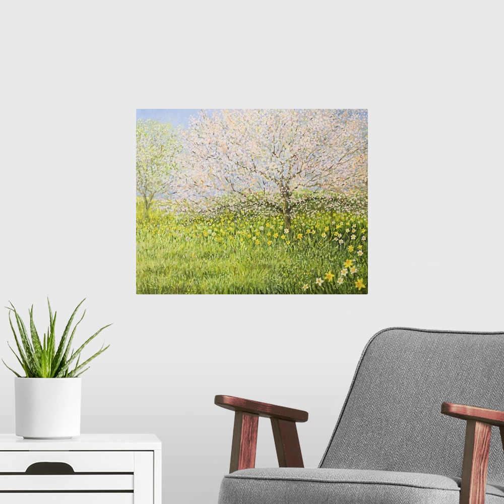 A modern room featuring Originally an oil painting of a springtime natural landscape with blooming trees and colorful mea...
