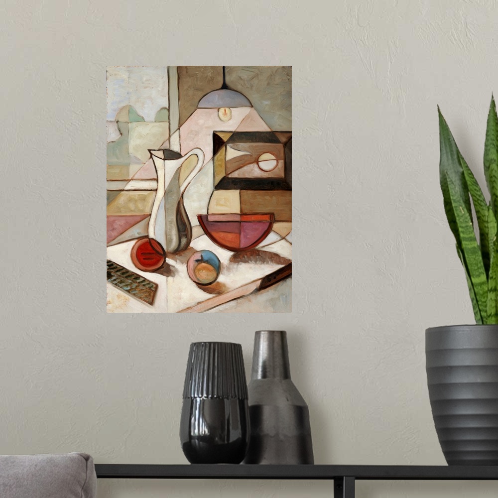 A modern room featuring Abstract oil painting of still life with pitcher and fruits.