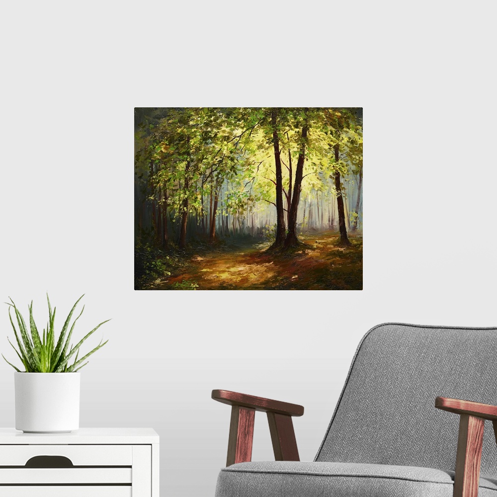 A modern room featuring Originally an oil painting landscape of summer forest, colorful abstract art.