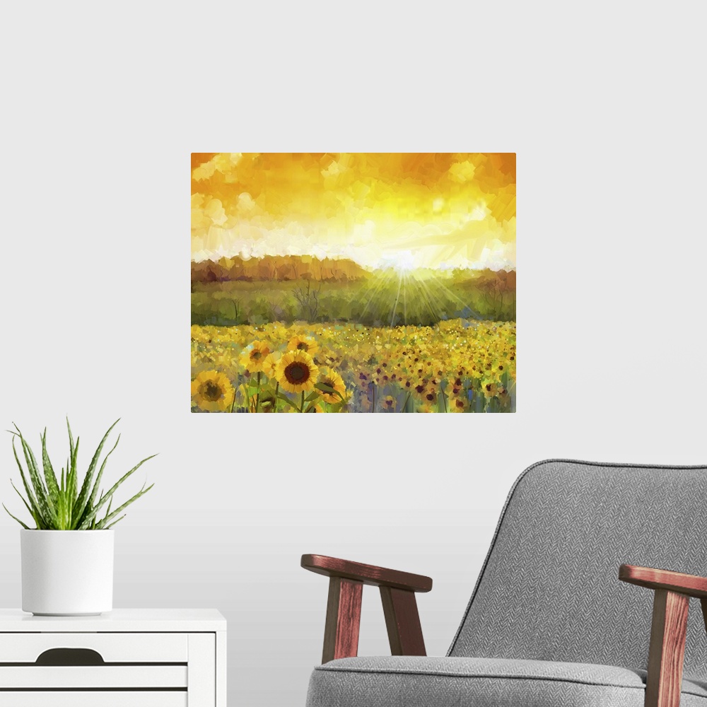 A modern room featuring Sunflower flower blossom. Originally an oil painting of a rural sunset landscape with a golden su...