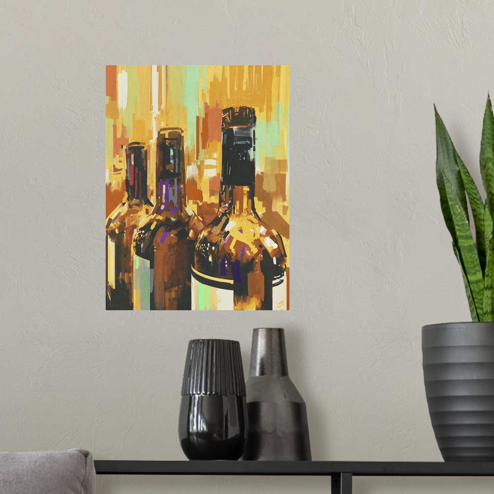 A modern room featuring Colorful painting, three bottles of wine, originally an illustration.