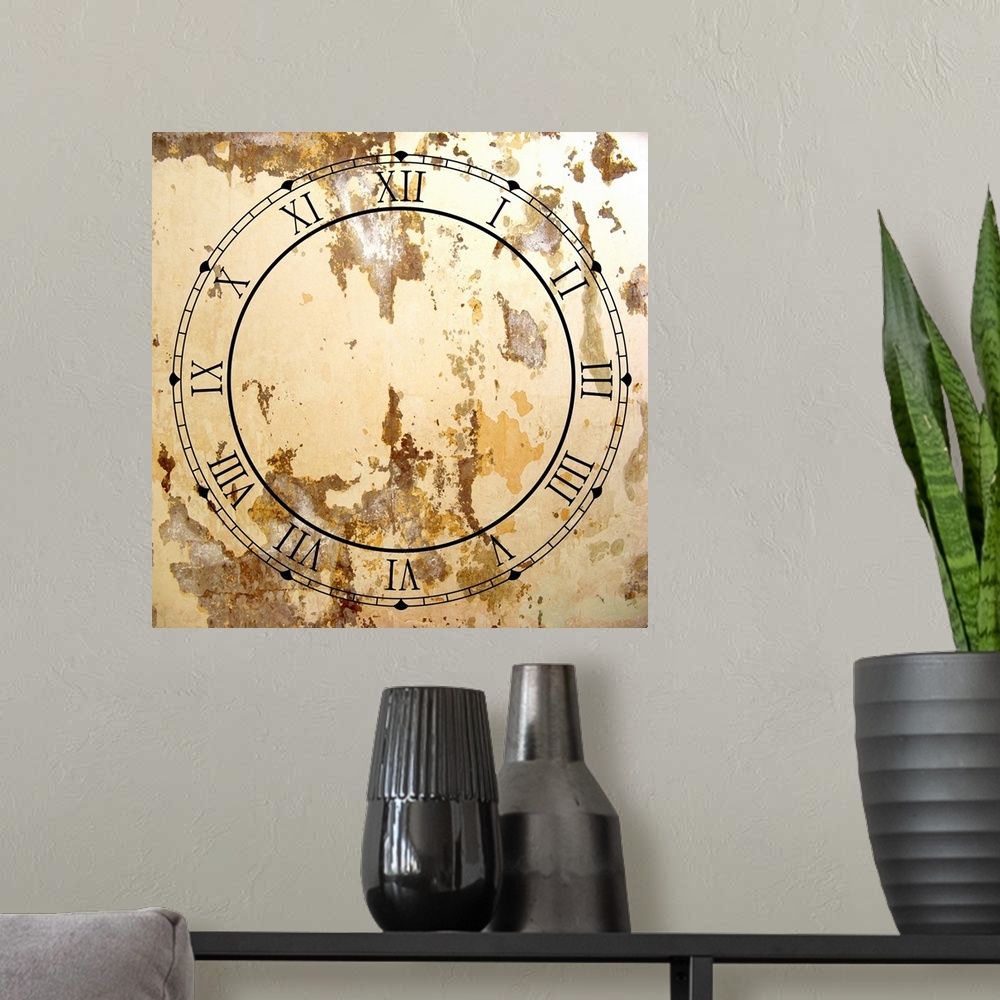 A modern room featuring Illustrated clock face with roman numerals and grunge texture.