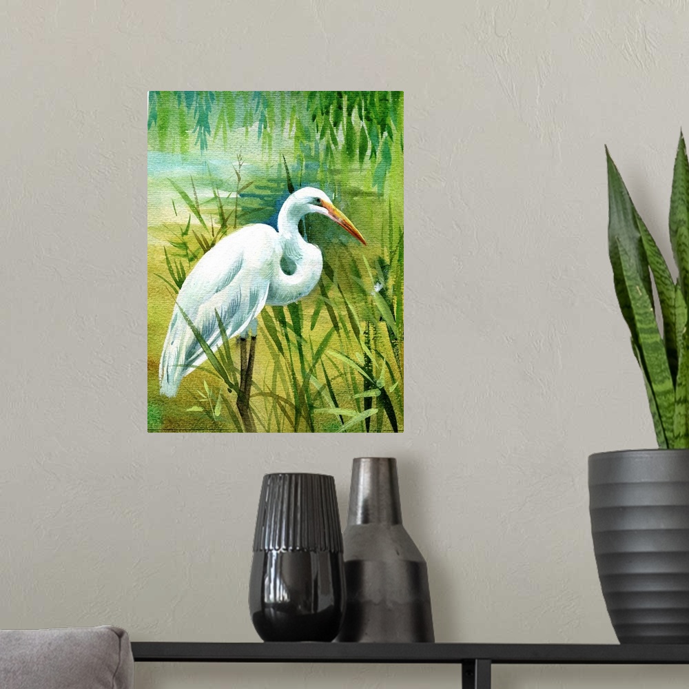 A modern room featuring Watercolor heron in water.