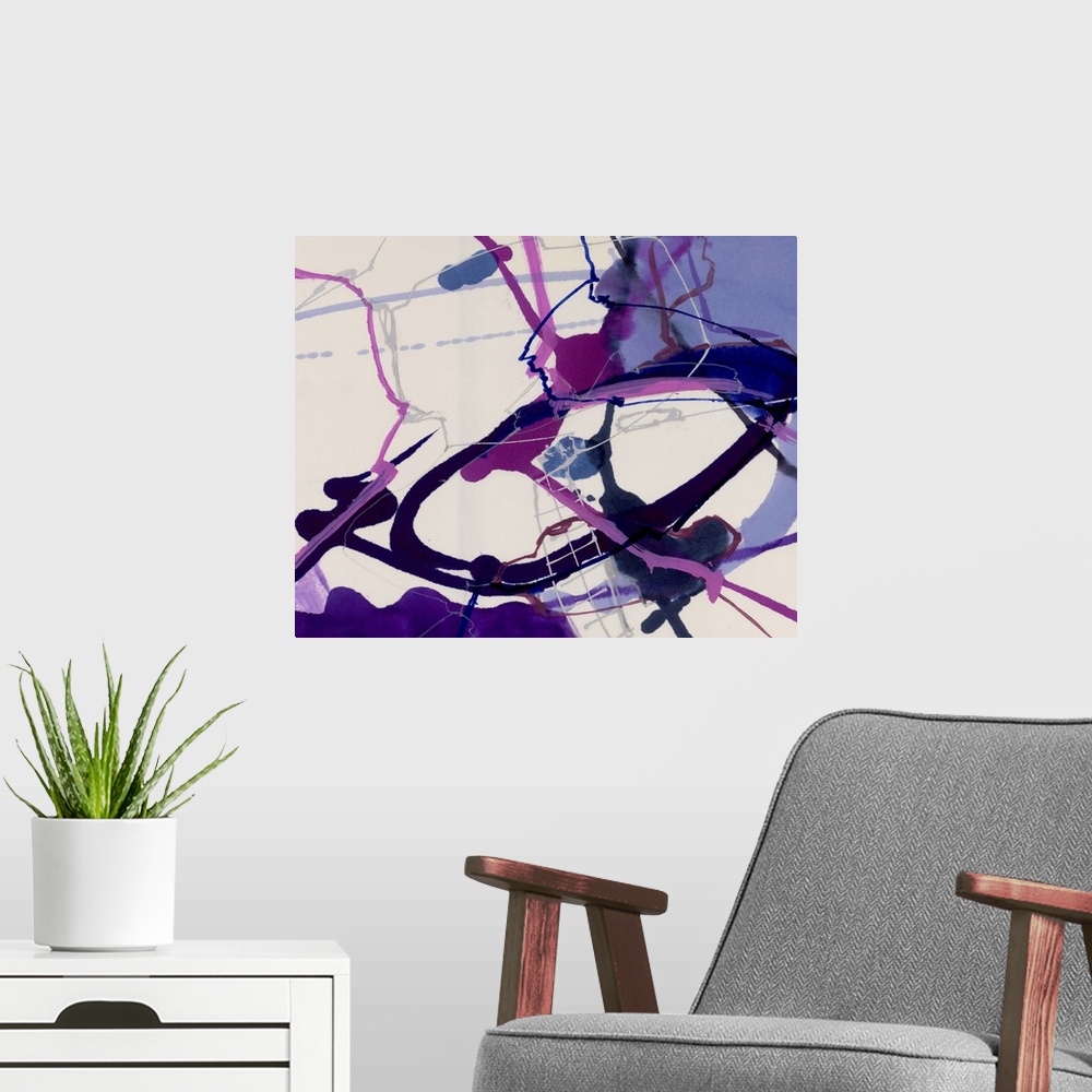 A modern room featuring A contemporary abstract painting of purple, pink and lavender color paint thrown and splattered o...