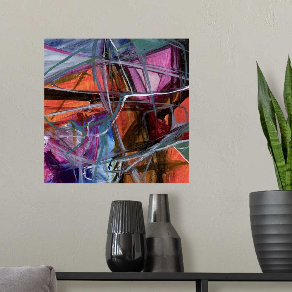 A modern room featuring A contemporary abstract painting of a multi-colored background of vibrant colors with a bold blac...