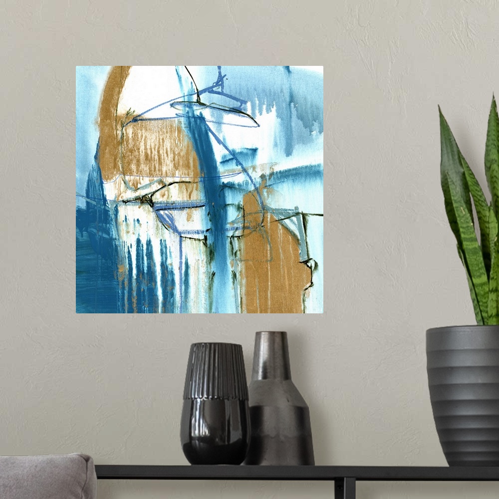 A modern room featuring A contemporary abstract painting using turquoise and light brown in globular and dripping forms.