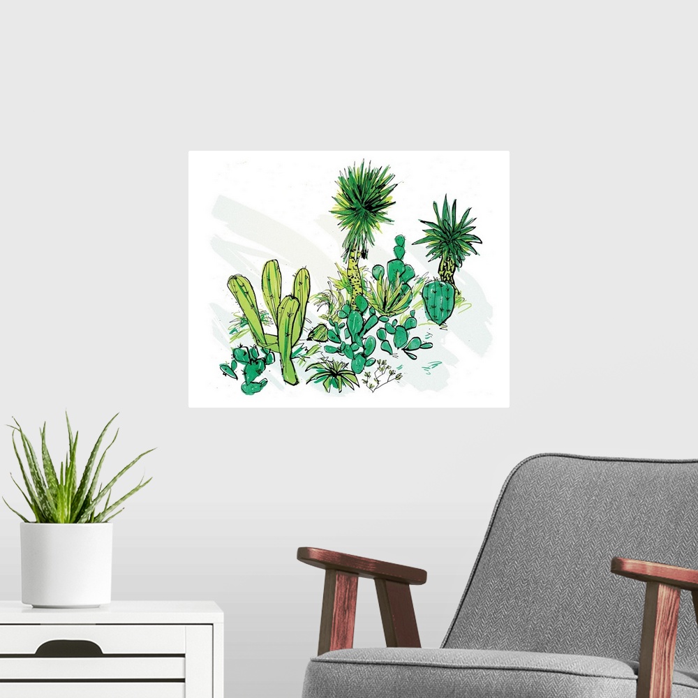 A modern room featuring Drawing with digital color of a collection of plants I encountered in the Brooklyn Botanical Gard...