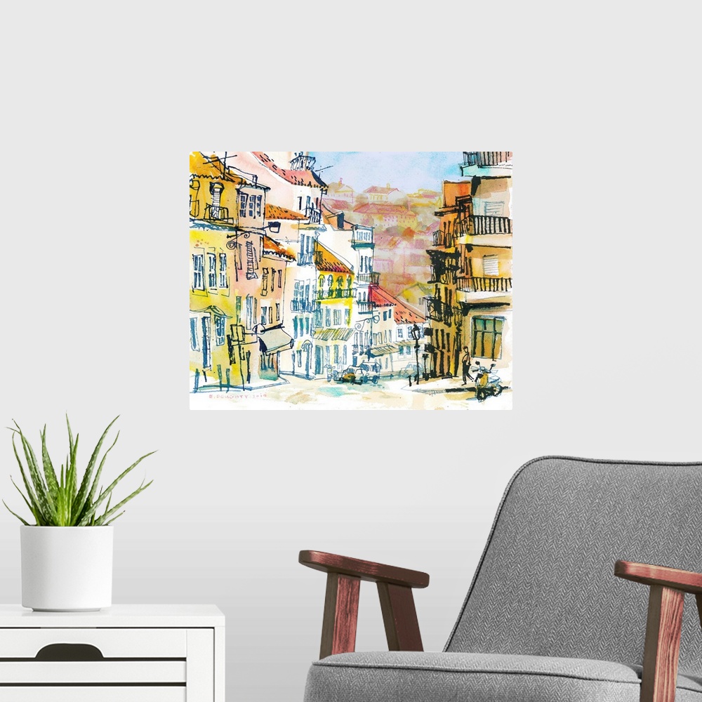 A modern room featuring A typical city view in the Portuguese capitol, Lisbon. White & yellow faades and terracotta rooft...