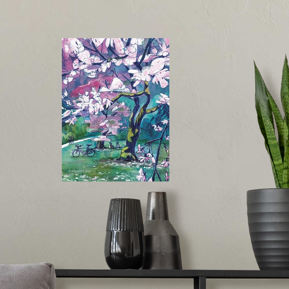 A modern room featuring March is for cherry blossoms. Abstracted clouds of flowers hang above people having picnics and w...