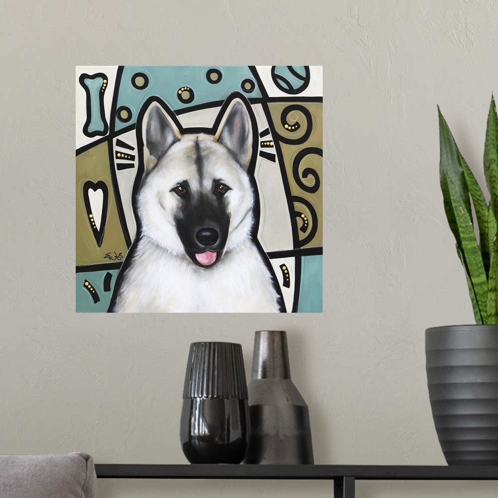 A modern room featuring Pop art painting of an Akita dog with bold outlines and colorful patterns.