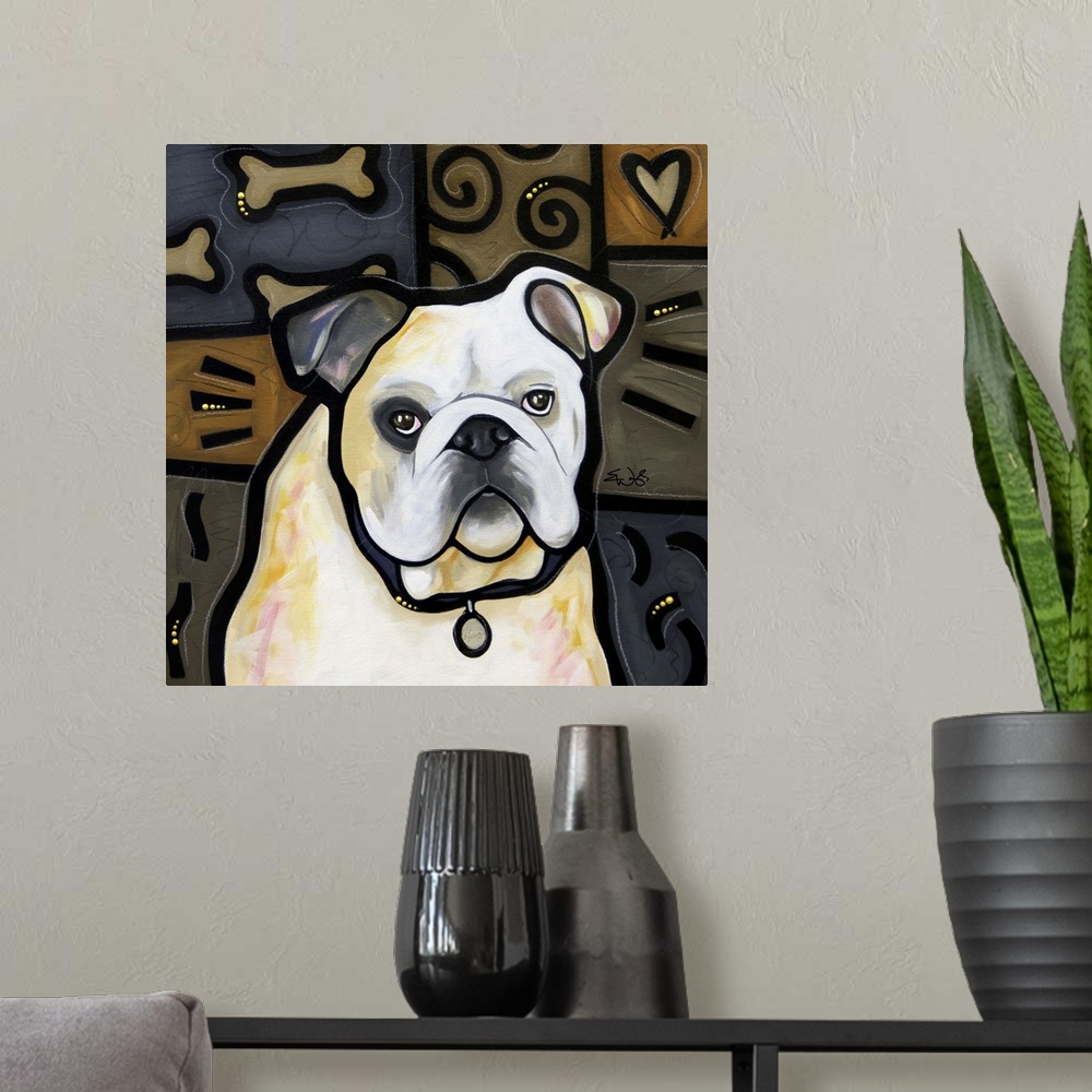 A modern room featuring Bulldog Pop Art