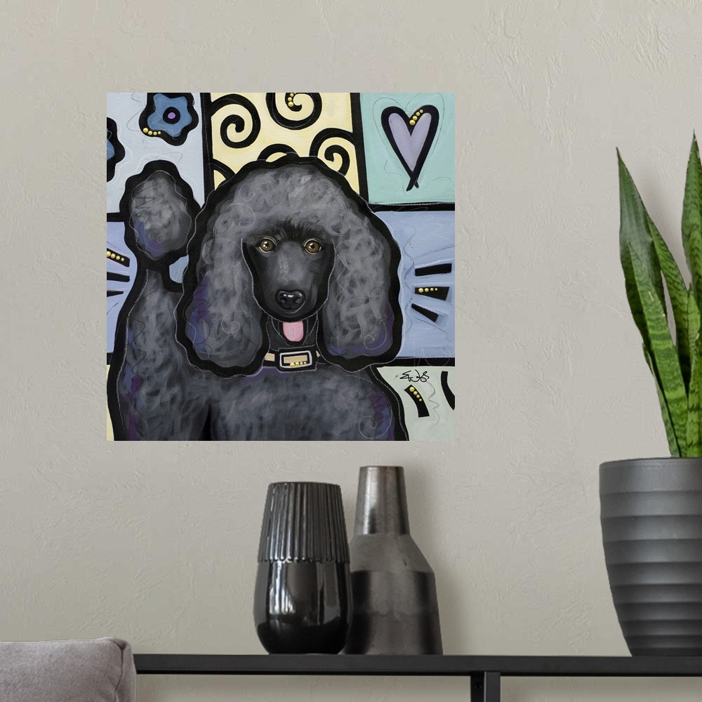 A modern room featuring Standard Poodle Black Pop Art