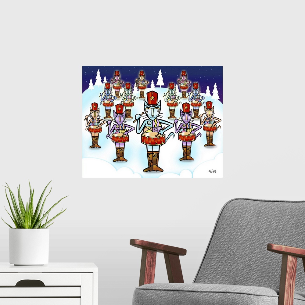 A modern room featuring Twelve percussion-playing felines in matching outfits and cowboy boots stand in formation on a sn...