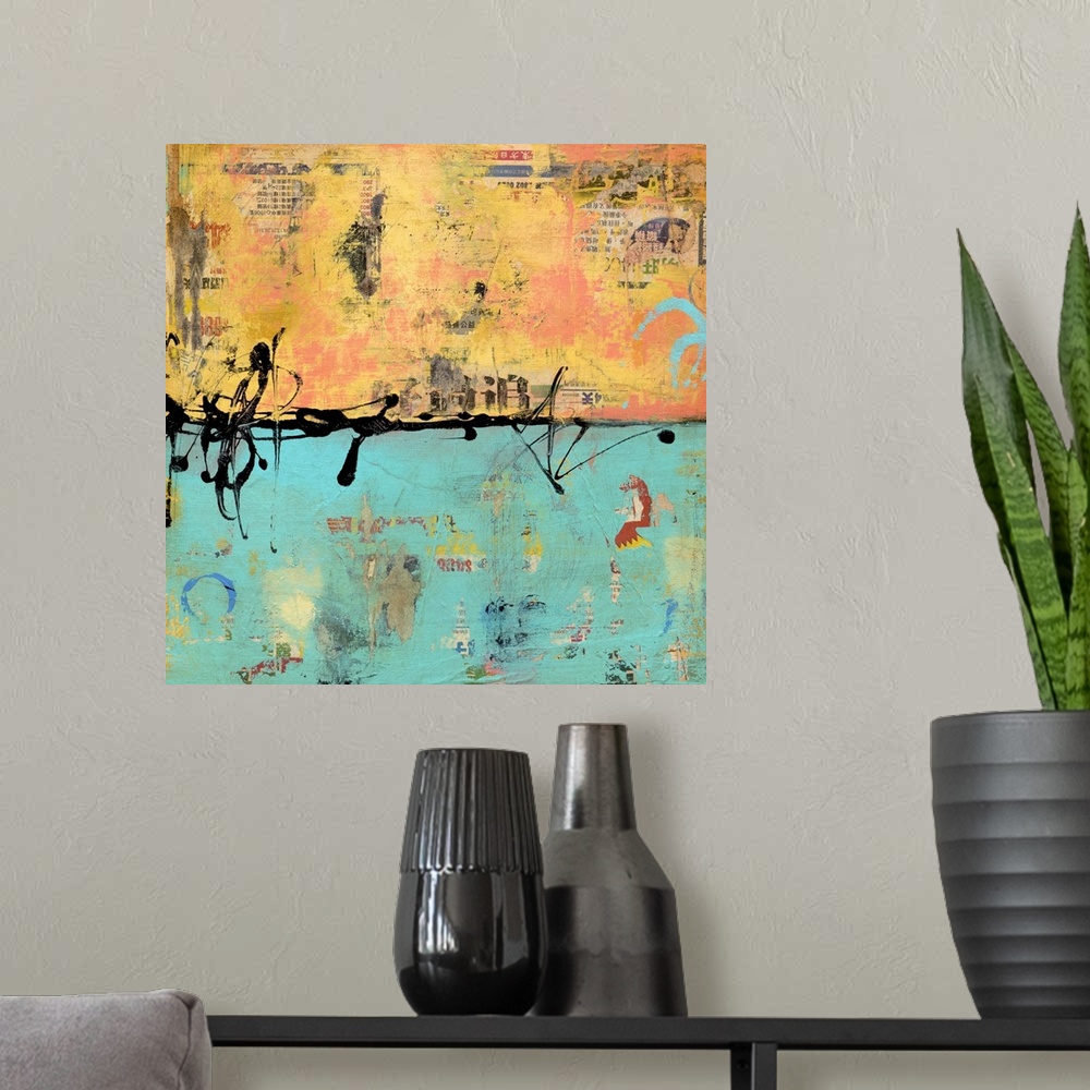 A modern room featuring Contemporary abstract painting in orange and teal with dark paint splatters.