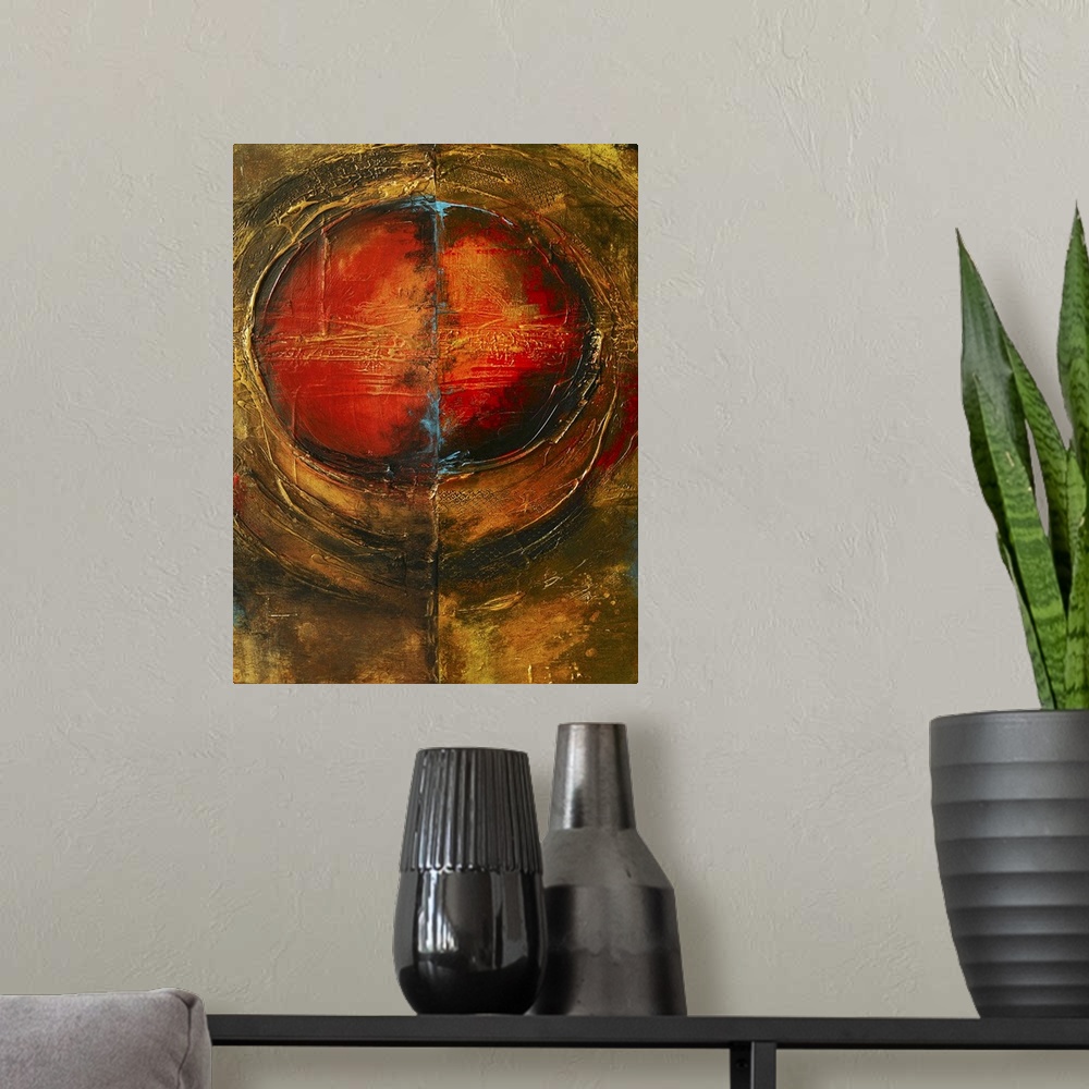 A modern room featuring Vertical contemporary painting on a giant canvas of a fiery circle encased by a golden, rounded s...