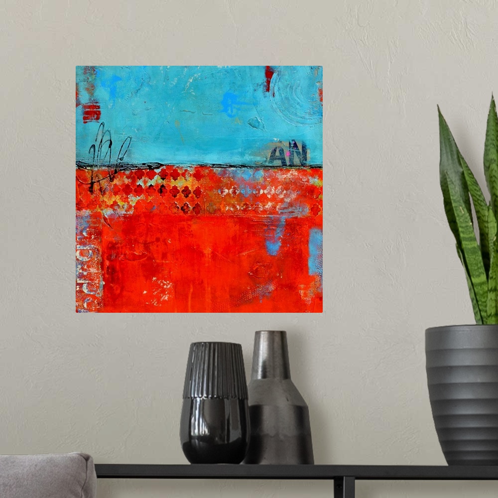 A modern room featuring Contemporary abstract painting of a color-field of weathered blue and red, with partially conceal...