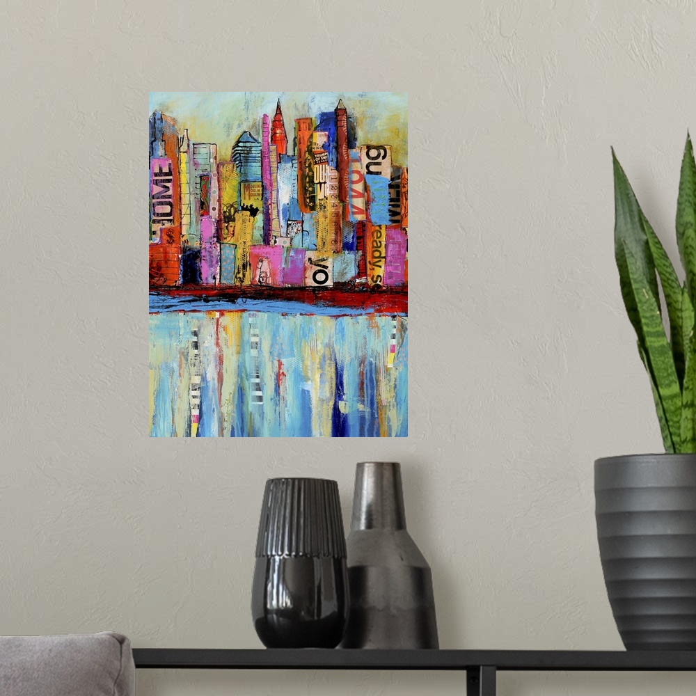 A modern room featuring Contemporary art piece that uses different colors and patches to create a city skyline which soft...