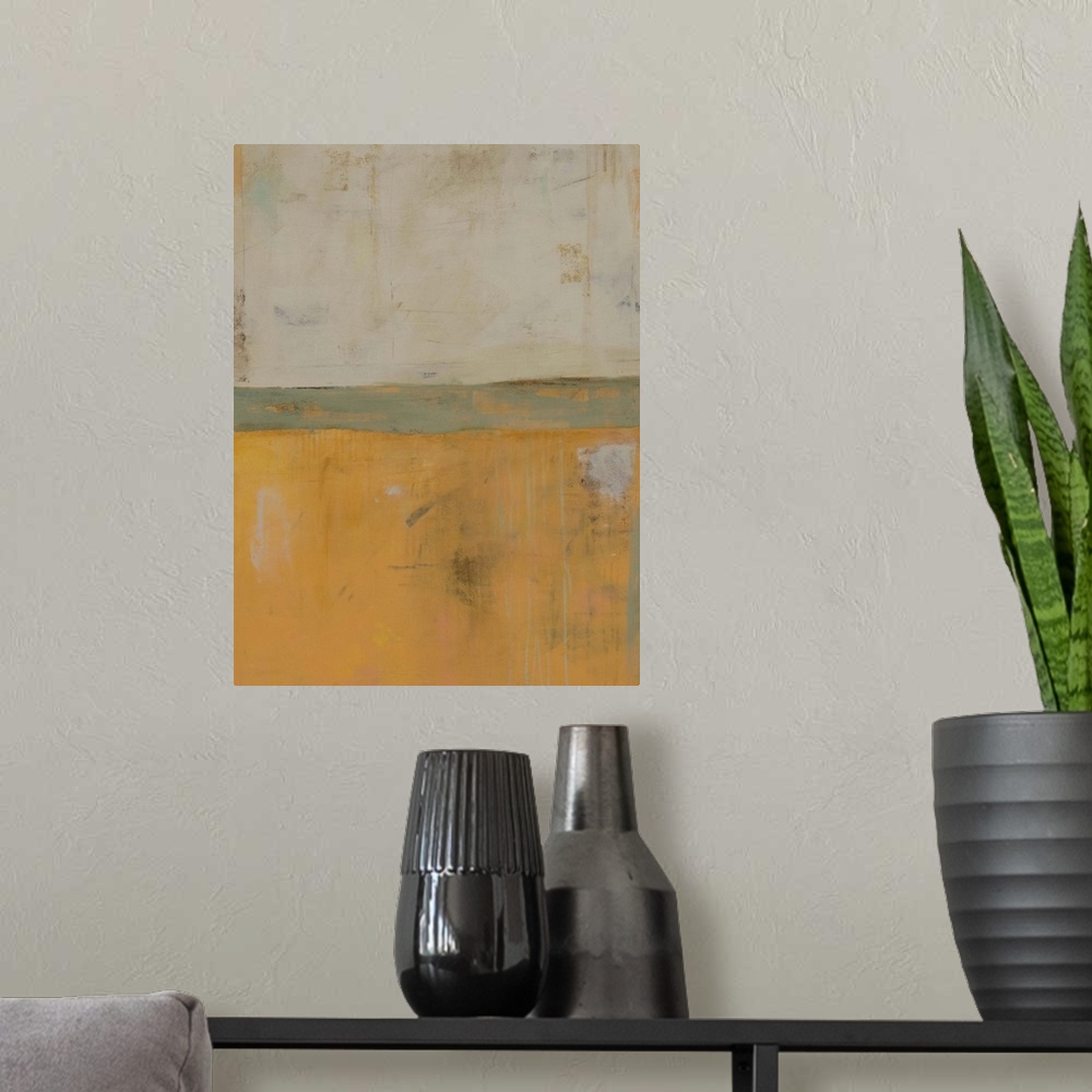 A modern room featuring Contemporary abstract painting using muted earth tones.