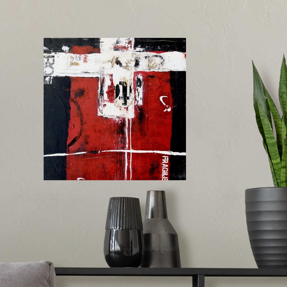 A modern room featuring A square contemporary abstract painting that has a black and dark red background displaying a whi...