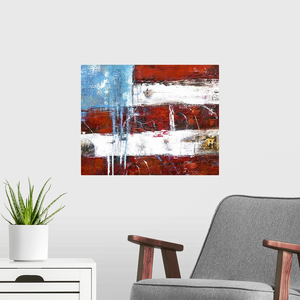 A modern room featuring Contemporary abstract painting of the American flag.