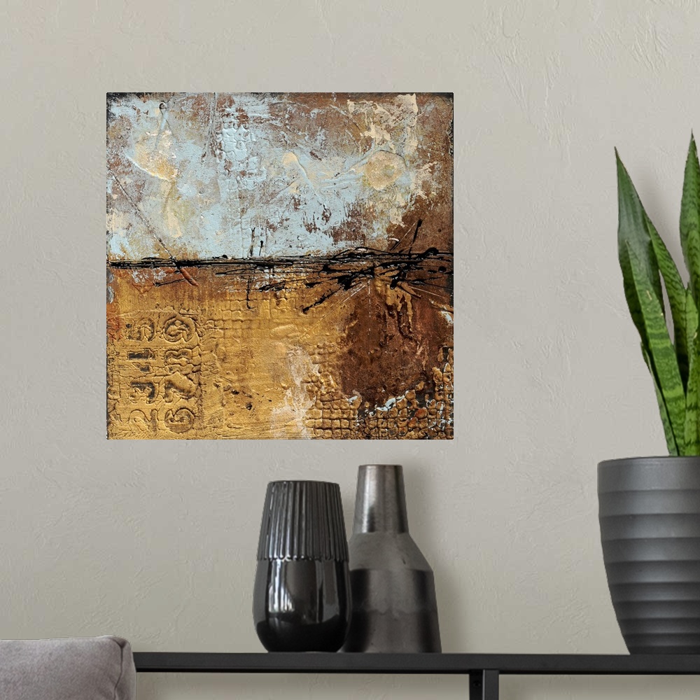 A modern room featuring This heavily textured abstract artwork makes use of layered designs and accents of paint drips.