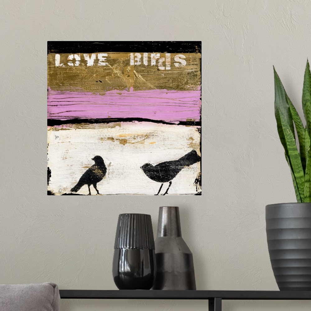A modern room featuring A square contemporary abstract painting of gold, pink, black, and white horizontal sections with ...
