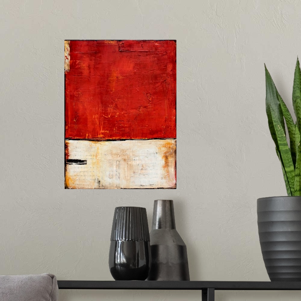 A modern room featuring Abstract painting with red and white splitting the painting in half with a thin, black squiggly l...