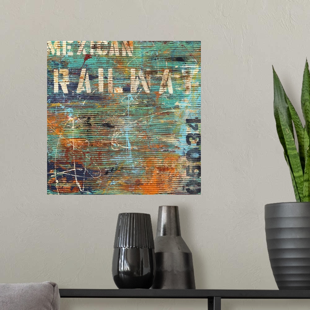 A modern room featuring Contemporary abstract artwork in teal and orange, with horizontal stripes and stenciled text.