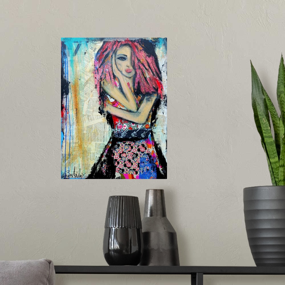 A modern room featuring Portrait figurative artwork of a girl in a flower patterned dress with long pink hair and a guita...