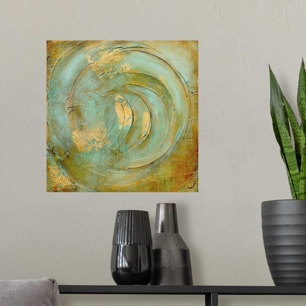 A modern room featuring This heavily textured contemporary artwork features an abstract circular design with inspirationa...