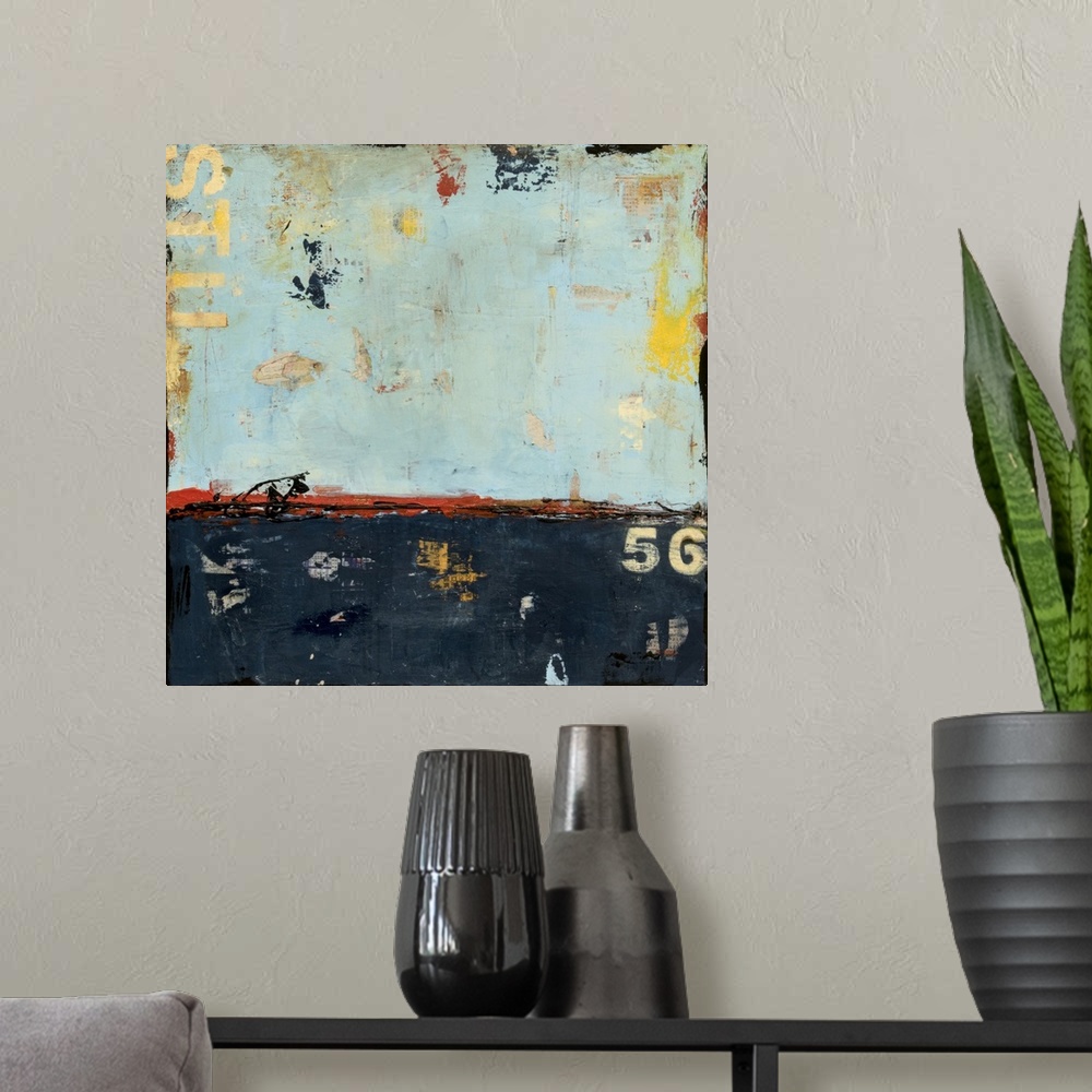 A modern room featuring Inspired by dilapidated buildings, this contemporary artwork features torn layers of blue paint w...
