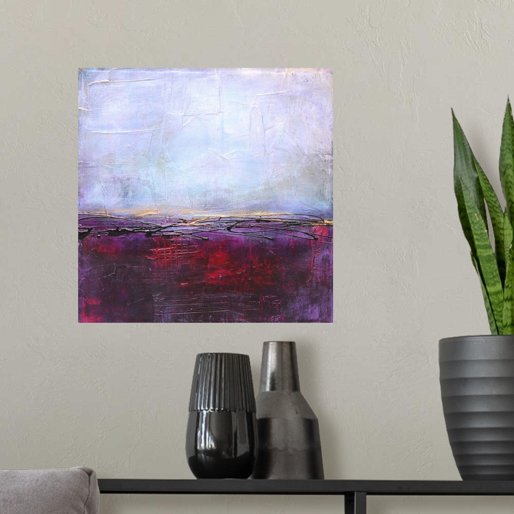 A modern room featuring Contemporary abstract painting using deep red and purple.