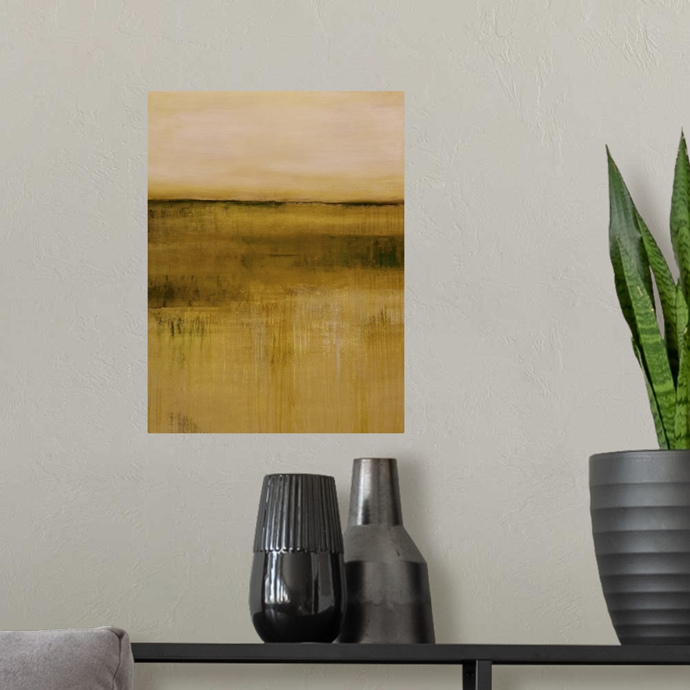 A modern room featuring Contemporary abstract painting using golden earth tones.