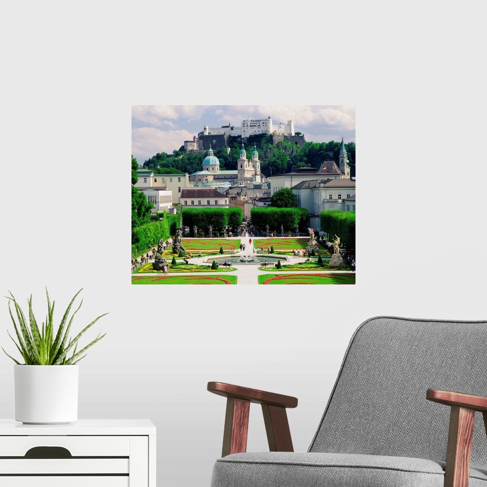 A modern room featuring Austria, Salzburg, Mirabell Castle, view of the park towards Hohensalzburg Fortress