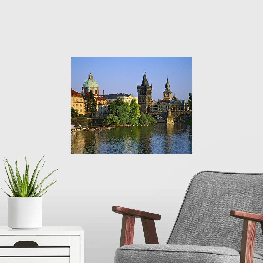 A modern room featuring Czech Republic, Central Bohemia Region, Prague, Charles Bridge, Vltava