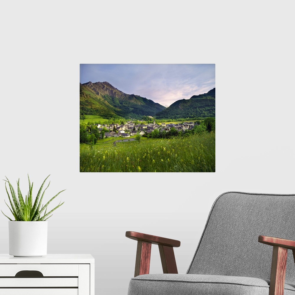 A modern room featuring France, Midi-Pyrenees, Hautes-Pyrenees, Arrens-Marsous, View of the town