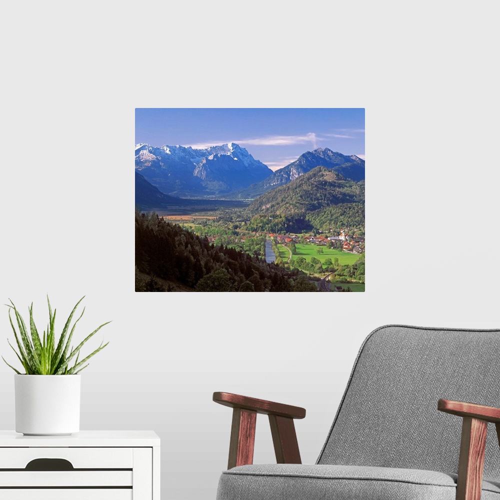 A modern room featuring Germany, Bavaria, Oberbayern, Zugspitze mountain range and Eschenlohe town