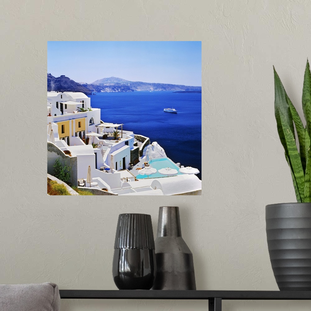 A modern room featuring Greece, Aegean islands, Cyclades, Santorini island, Thera, Mediterranean area, Mediterranean sea,...