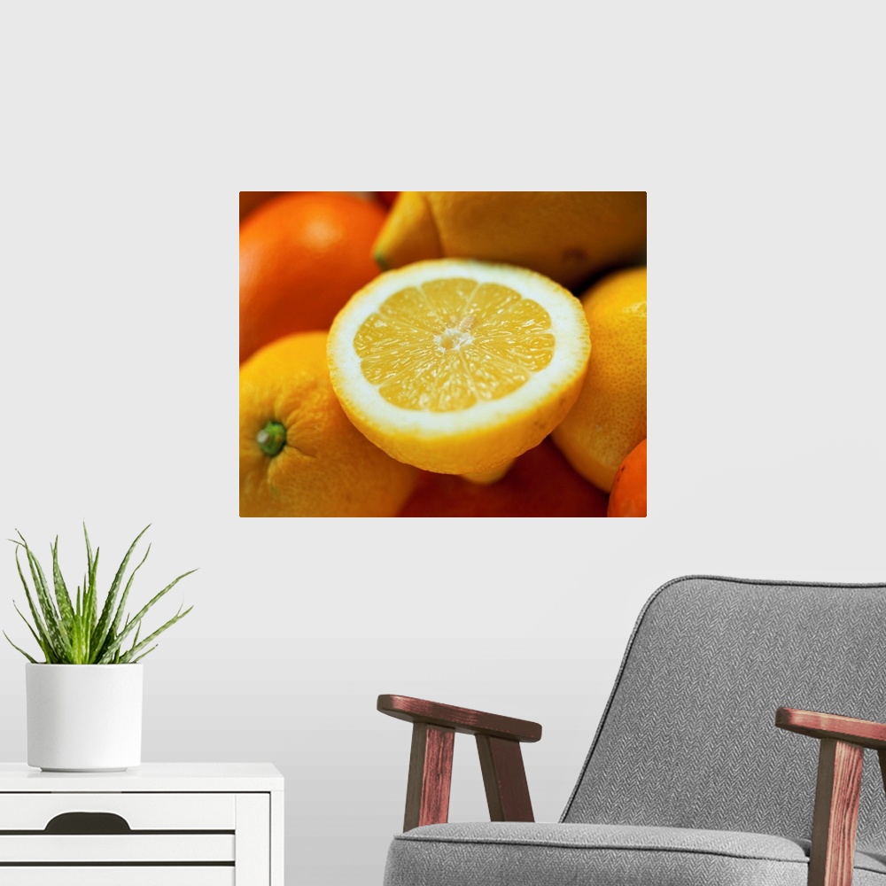 A modern room featuring Half sliced lemon