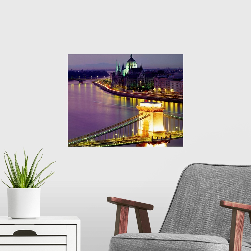 A modern room featuring Hungary, Budapest, Chain Bridge (Szechenyi Lanchid) on Danube river and the Parliament